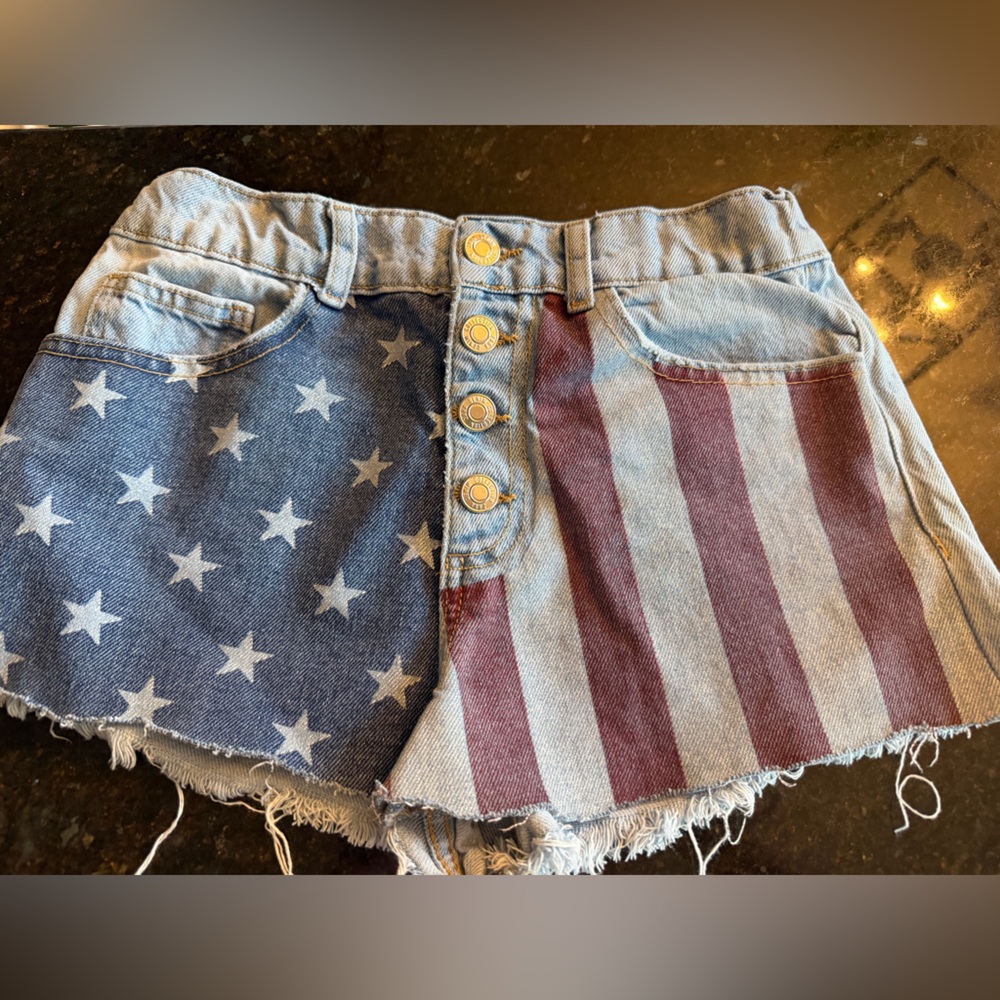 Zara Stars & Stripes Patchwork Denim Shorts in Blue and Red